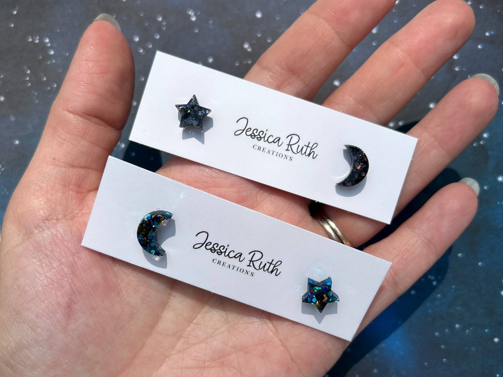 Beautiful Small Moon and Star Stud Earrings: Celestial Blue - The Regal Find