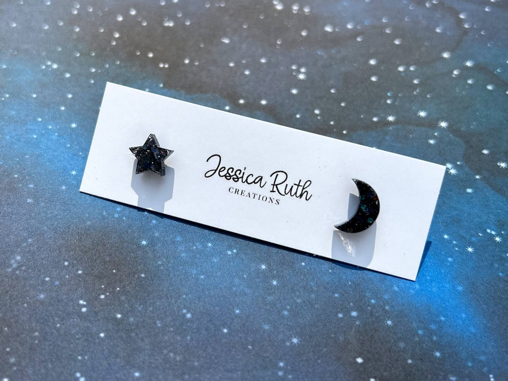 Beautiful Small Moon and Star Stud Earrings: Celestial Blue - The Regal Find