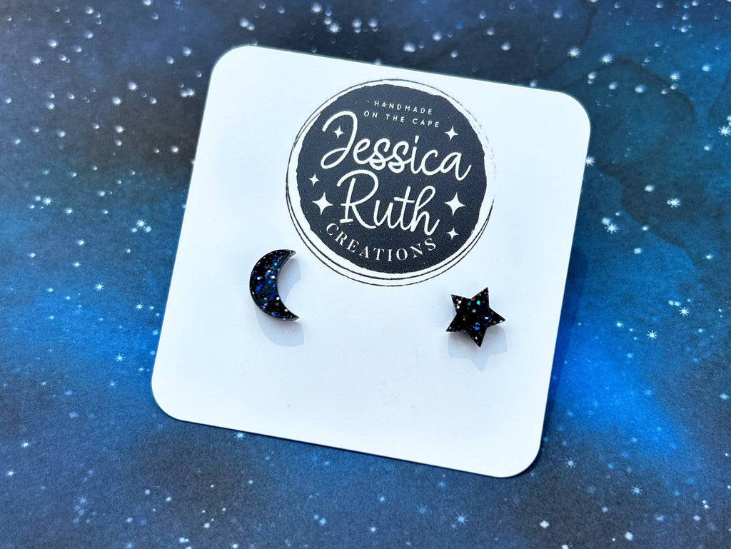 Beautiful Small Moon and Star Stud Earrings: Celestial Blue - The Regal Find