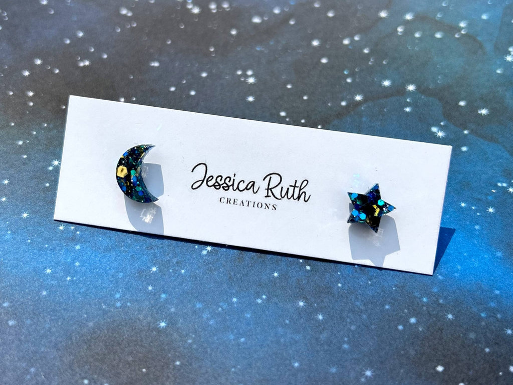 Beautiful Small Moon and Star Stud Earrings: Celestial Blue - The Regal Find