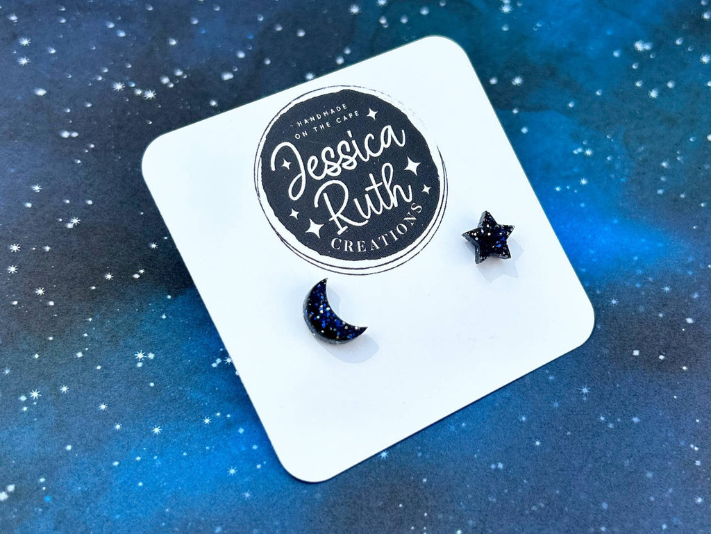 Beautiful Small Moon and Star Stud Earrings: Celestial Blue - The Regal Find