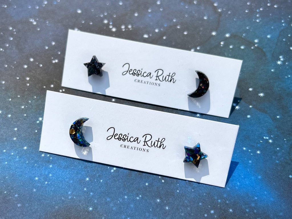 Beautiful Small Moon and Star Stud Earrings: Celestial Blue - The Regal Find