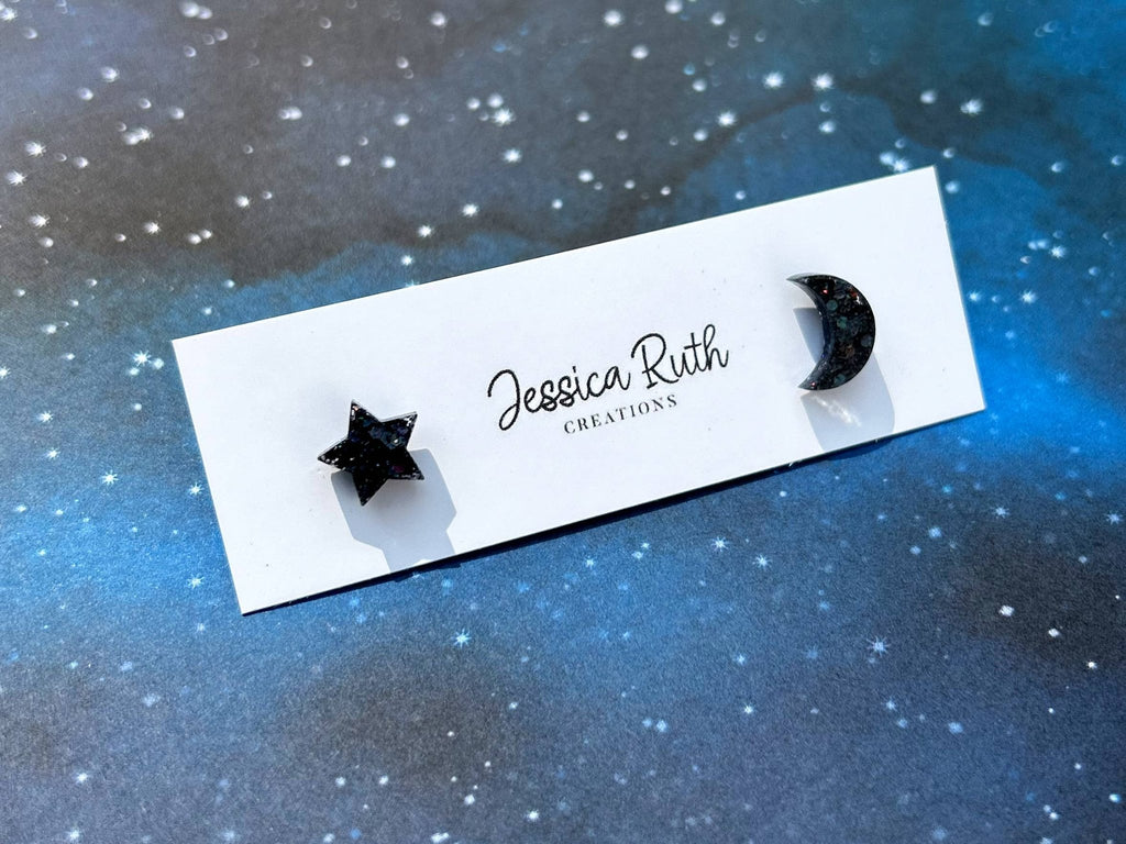 Beautiful Small Moon and Star Stud Earrings: Celestial Blue - The Regal Find