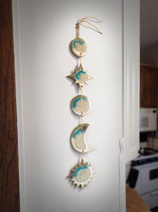 Celestial Wall Hanging, Handmade Sun Moon Stars, Boho Gift: Ash / Small 26" x 5" - The Regal Find