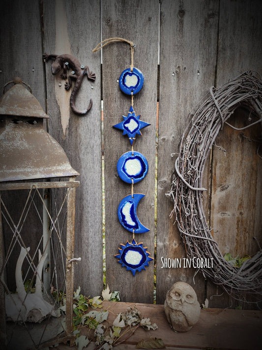Celestial Wall Hanging, Handmade Sun Moon Stars, Boho Gift: Ash / Small 26" x 5" - The Regal Find