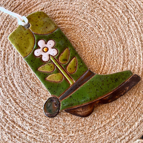 Ceramic Western Boot Ornaments: Green Daisy - The Regal Find