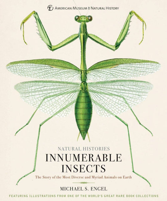 Book cover with illustration of a green insect and text about natural histories and insects.