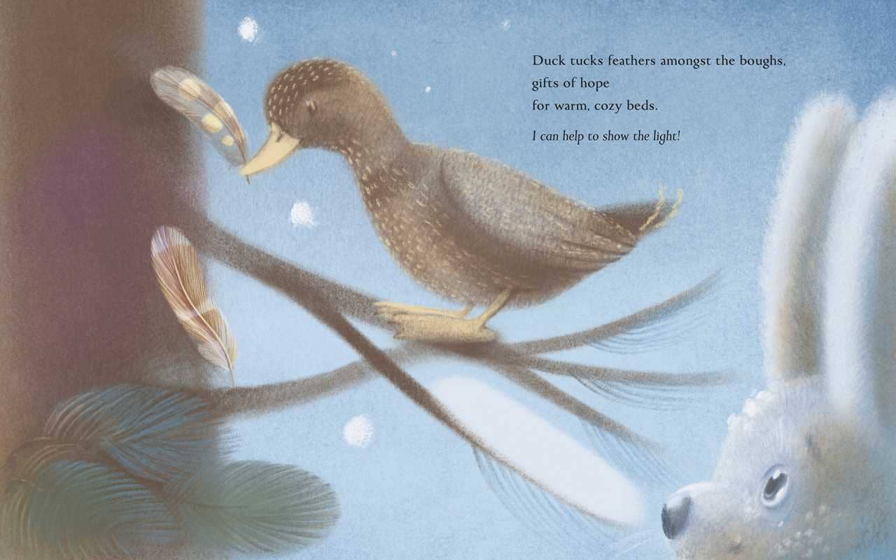 Illustration of a duck tucking feathers among the boughs with a rabbit in the background.
