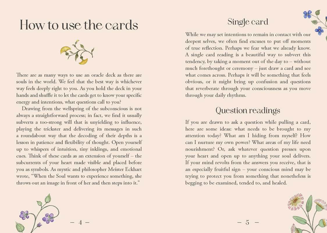 Instructions on using oracle cards with text and floral illustrations