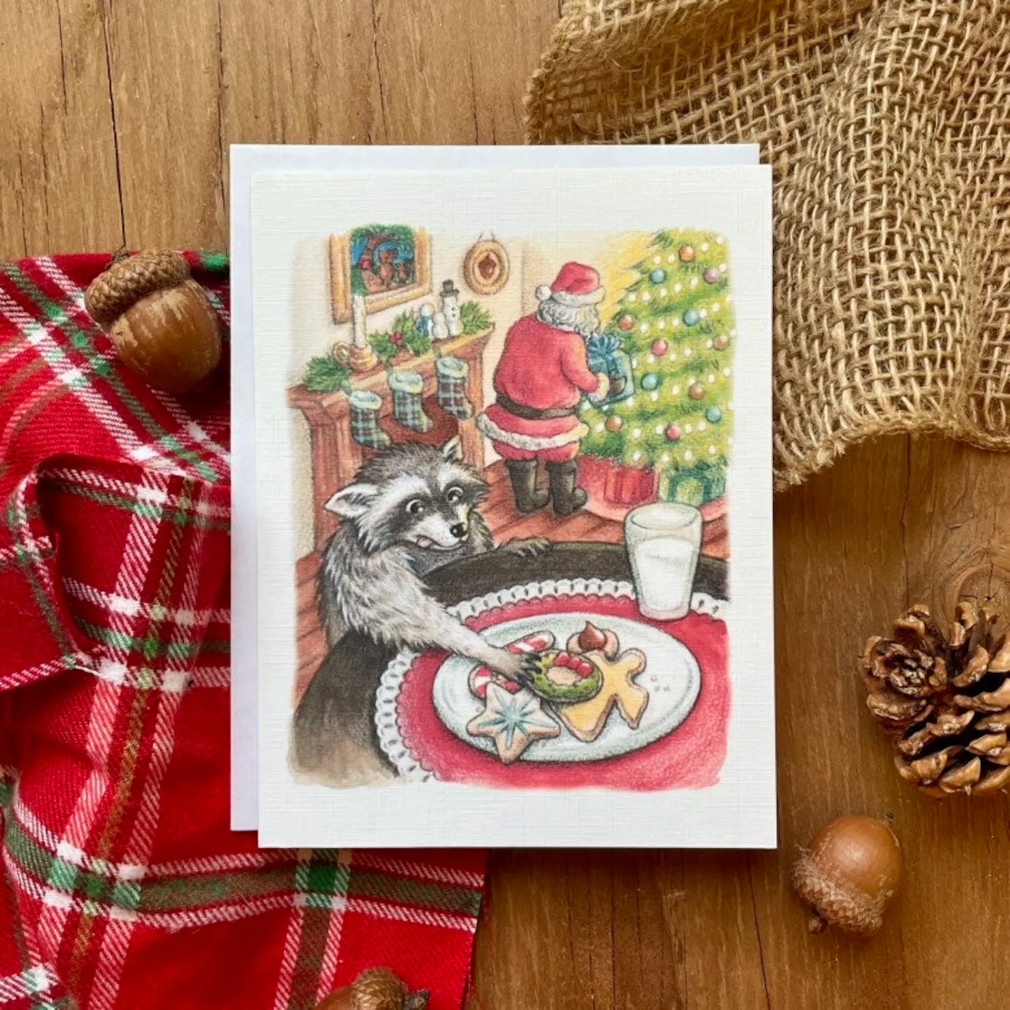 Raccoon Stealing Santa's Cookies Greeting Card