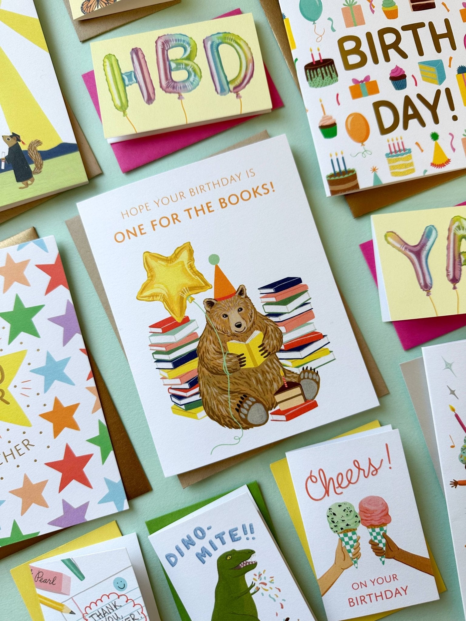 Reading Bear with Books and Cake Birthday Card - The Regal Find