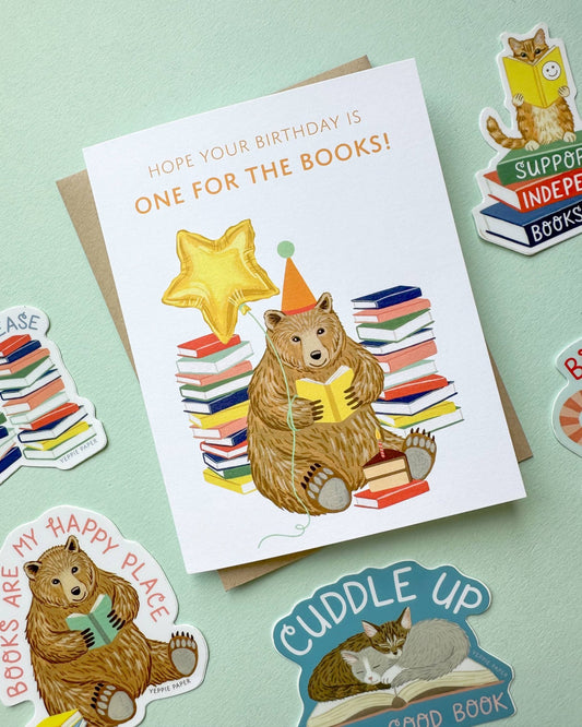 Reading Bear with Books and Cake Birthday Card - The Regal Find