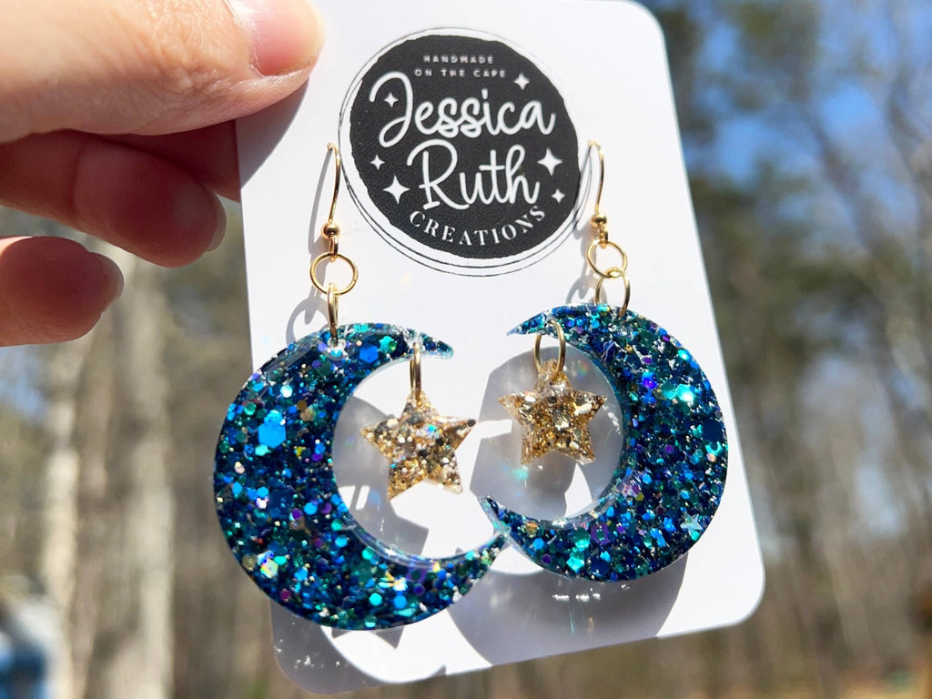 Beautiful Large Celestial Blue Moon and Star Dangle Earrings - The Regal Find