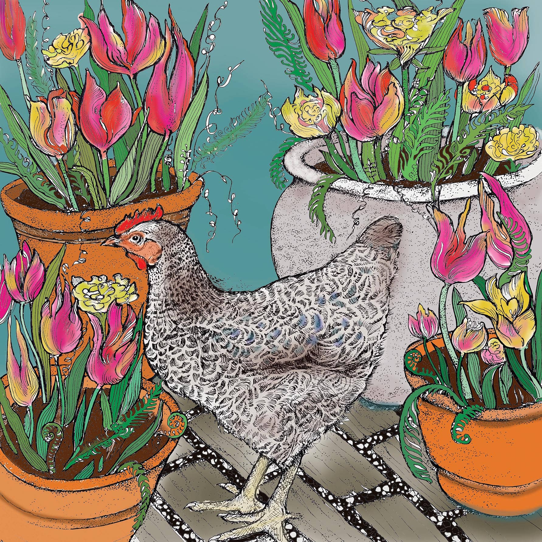 Chicken and Tulips Greeting Card - The Regal Find