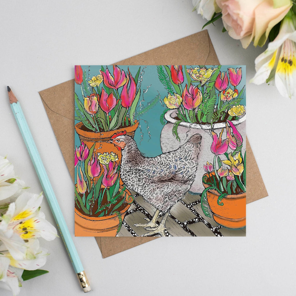 Chicken and Tulips Greeting Card - The Regal Find