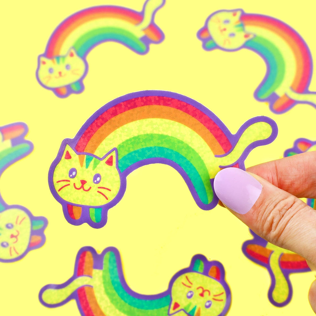 GLITTER Rainbow Cat Valentine's Day Vinyl Sticker - The Regal Find