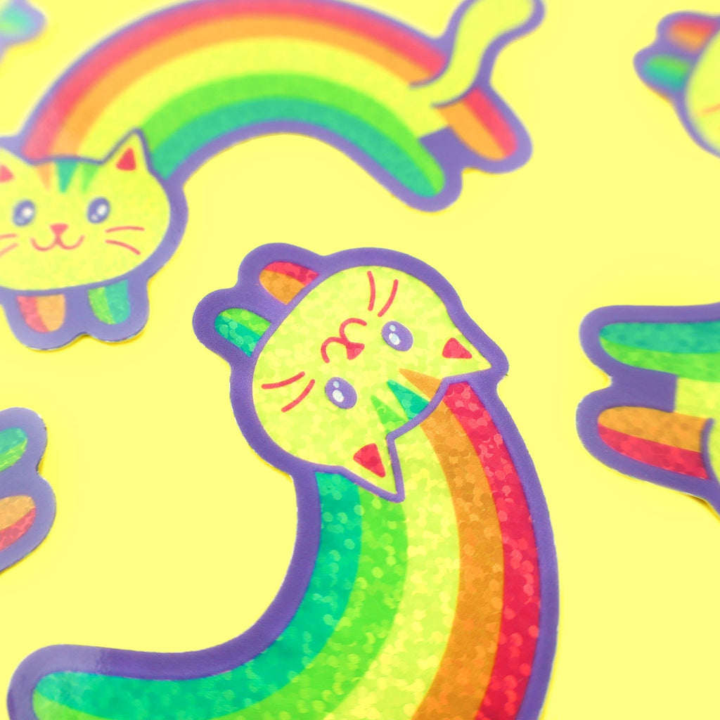 GLITTER Rainbow Cat Valentine's Day Vinyl Sticker - The Regal Find