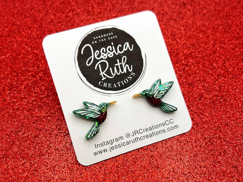 Red and Green Sparkly Hummingbird Stud Earrings - The Regal Find