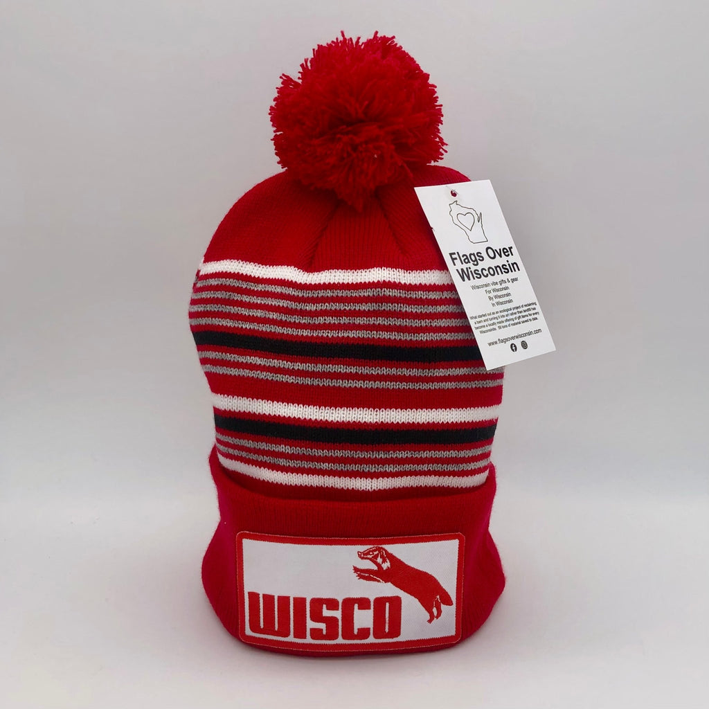 Red And White Badger Patch Knit Hat - The Regal Find