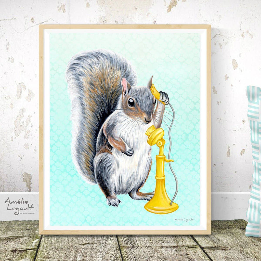 Squirrel Art Print, Squirrel on the Phone wall art, artwork - The Regal Find