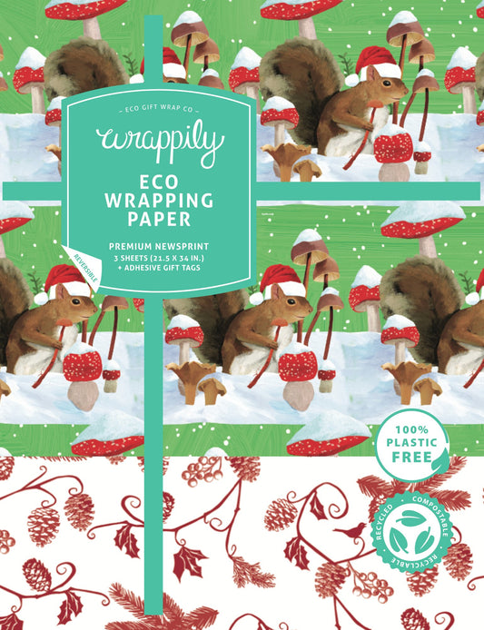Squirrel + Mushrooms • Double-Sided Eco Wrapping Paper - The Regal Find