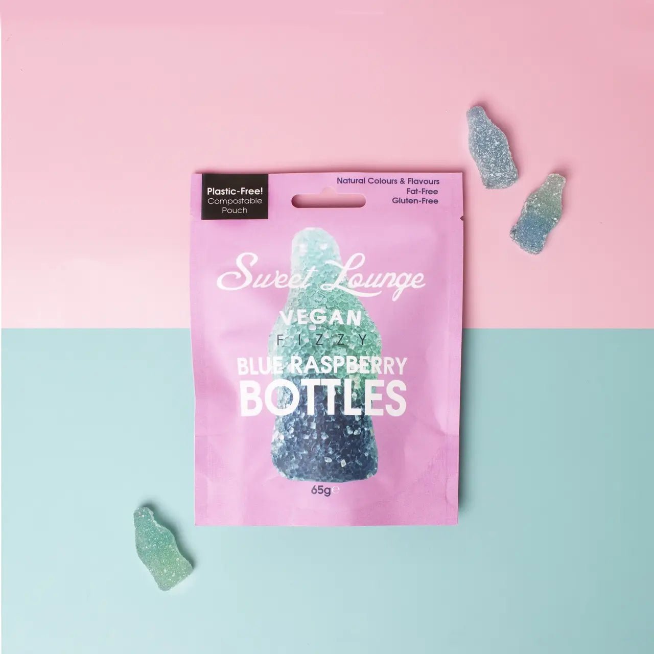 Vegan Fizzy Blue Raspberry Bottles (Plastic-free) 65g - The Regal Find